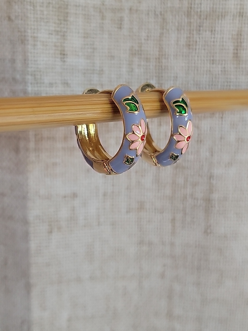 Cottagecore Periwinkle Floral Enamel Hoop Earrings
